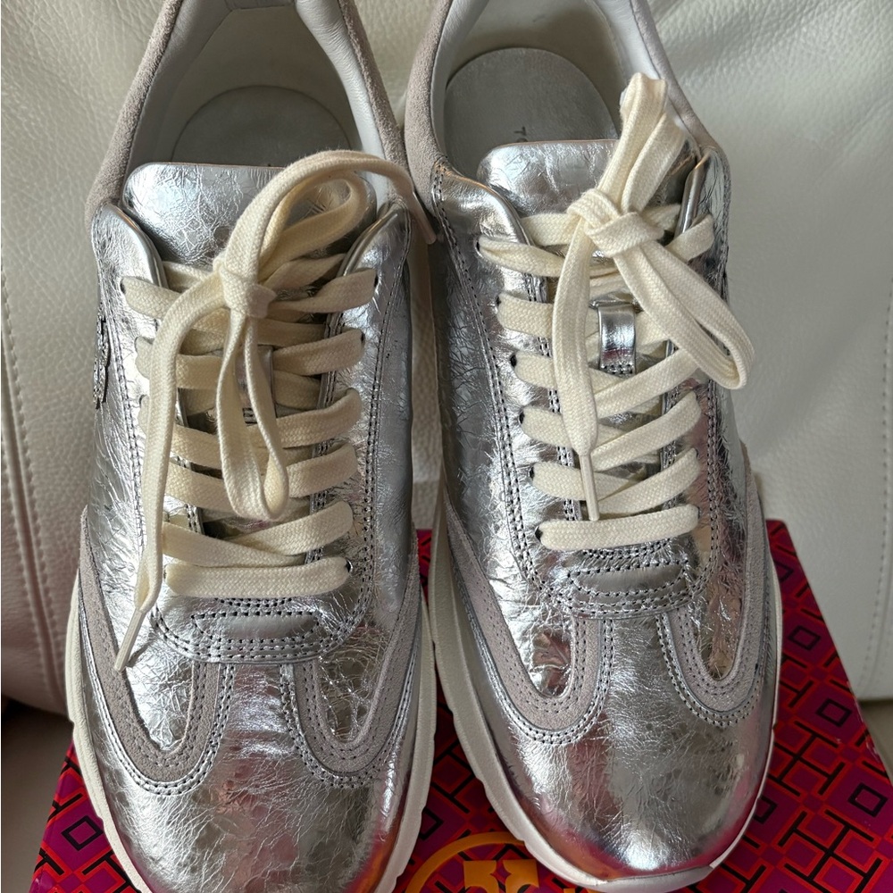 Tory Burch Silver Sneakers with Cream Laces